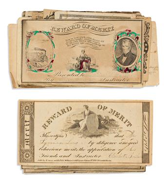 (GOOD BEHAVIOR.) Group of 20 mid-nineteenth-century American schoolchildrens Reward of Merit certificate cards.